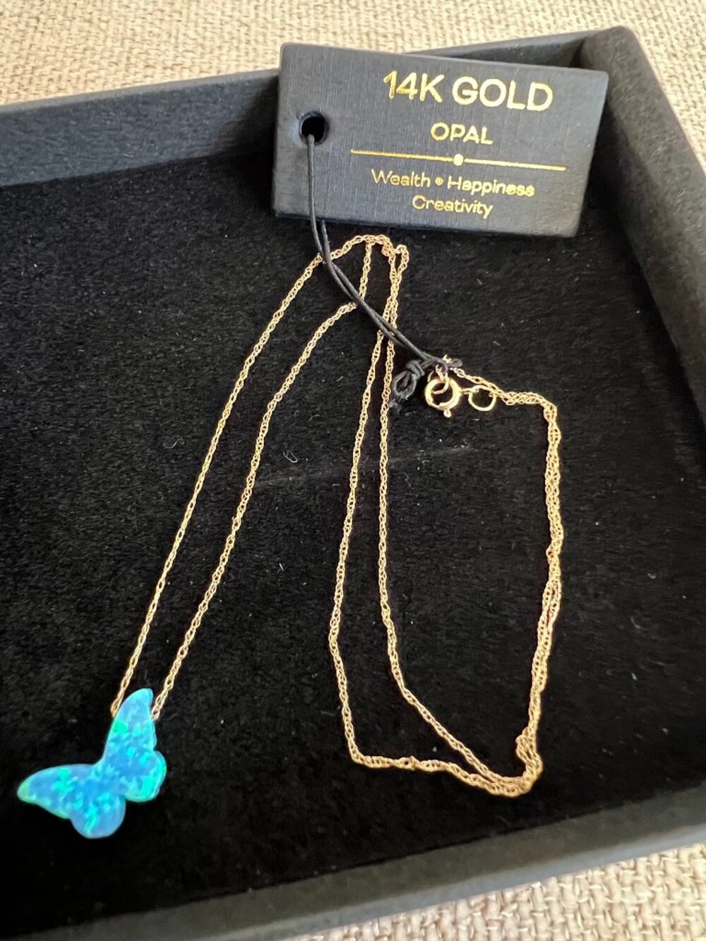 14k Gold Blue Opal Butterfly Pendant Necklace 16" twisted rope chain
